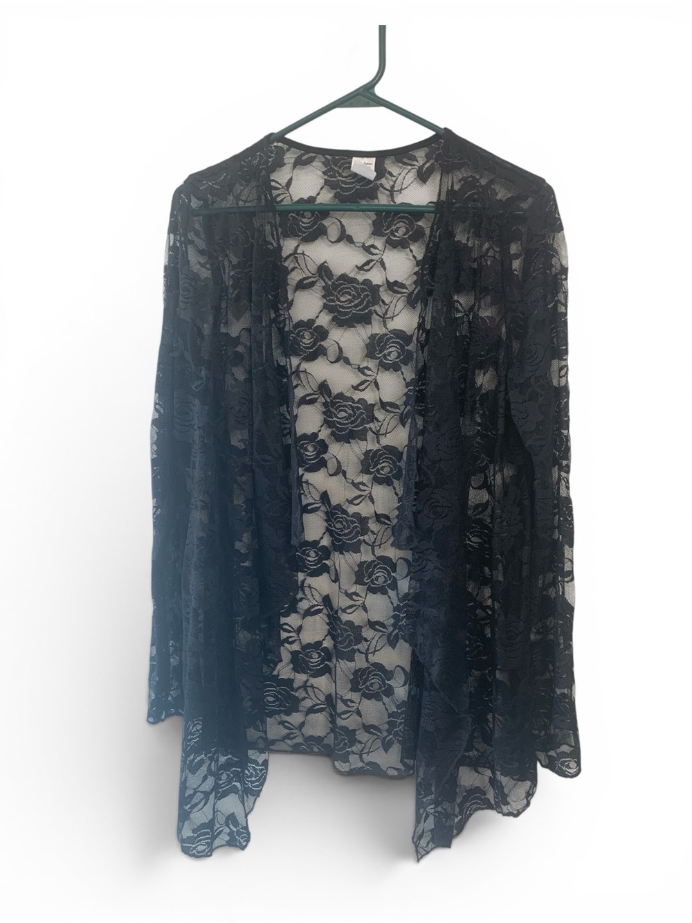 Black Floral Rose Lace Sheer Open Jacket, Asymmetrical